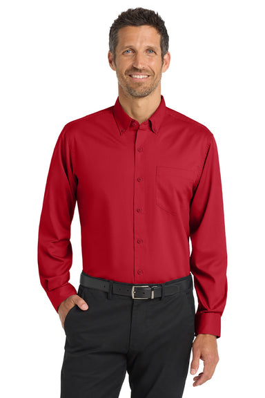 Port Authority S663/TS663 Mens SuperPro Wrinkle Resistant Long Sleeve Button Down Shirt w/ Pocket Rich Red Model Front