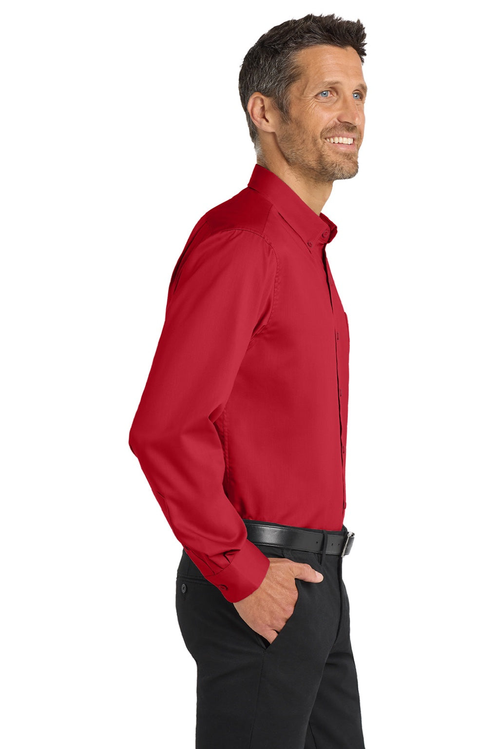 Port Authority S663/TS663 Mens SuperPro Wrinkle Resistant Long Sleeve Button Down Shirt w/ Pocket Rich Red Model Side