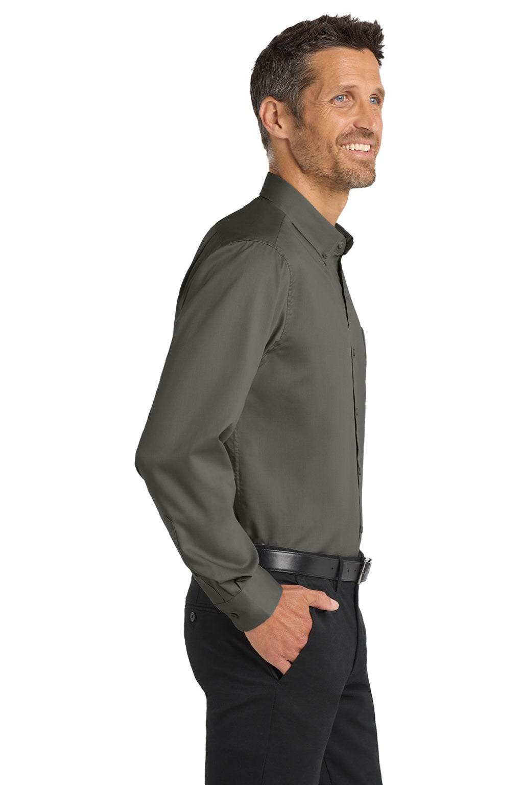 Port Authority S663/TS663 Mens SuperPro Wrinkle Resistant Long Sleeve Button Down Shirt w/ Pocket Sterling Grey Model Side
