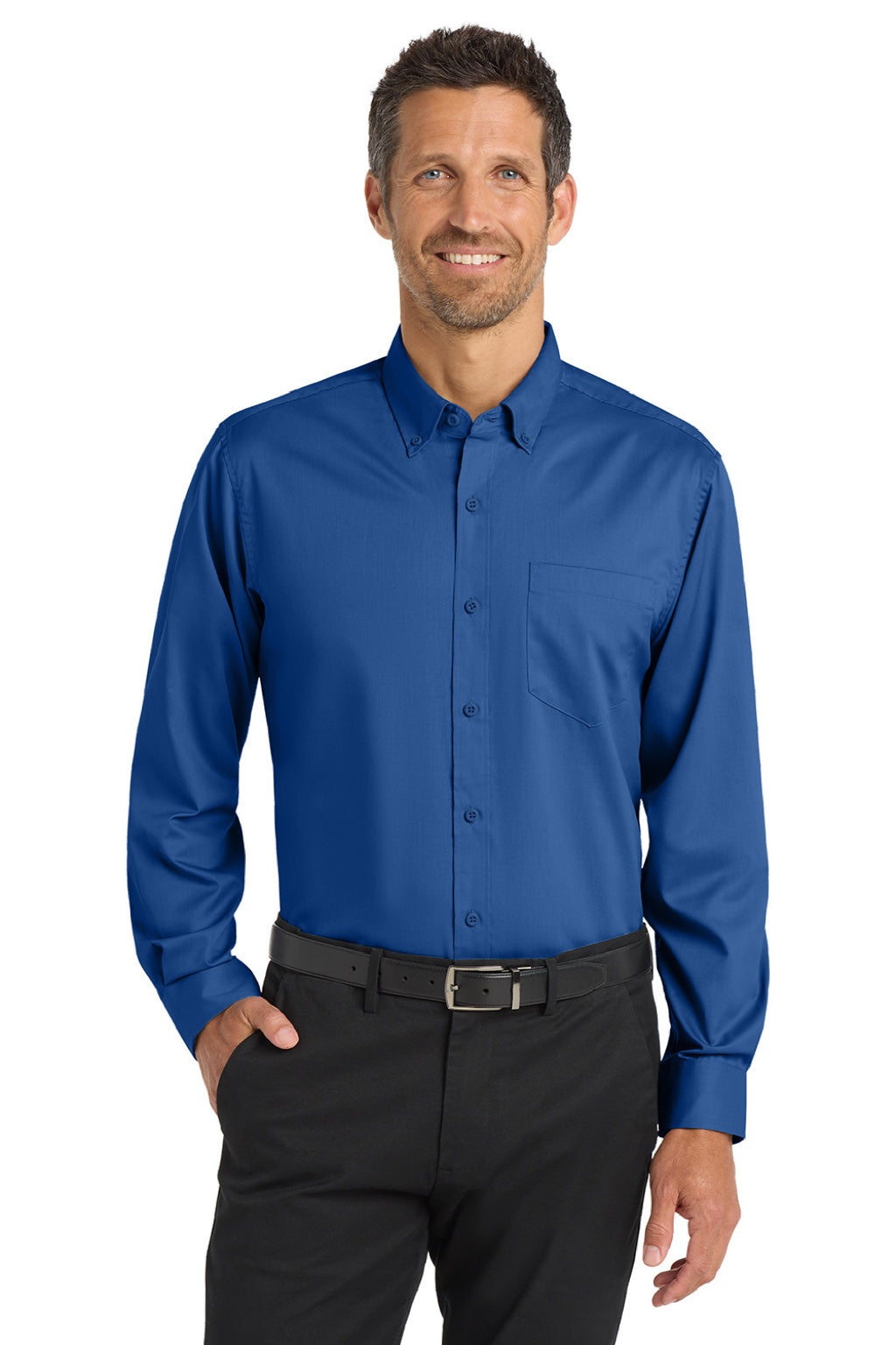 Port Authority S663/TS663 Mens SuperPro Wrinkle Resistant Long Sleeve Button Down Shirt w/ Pocket True Blue Model Front