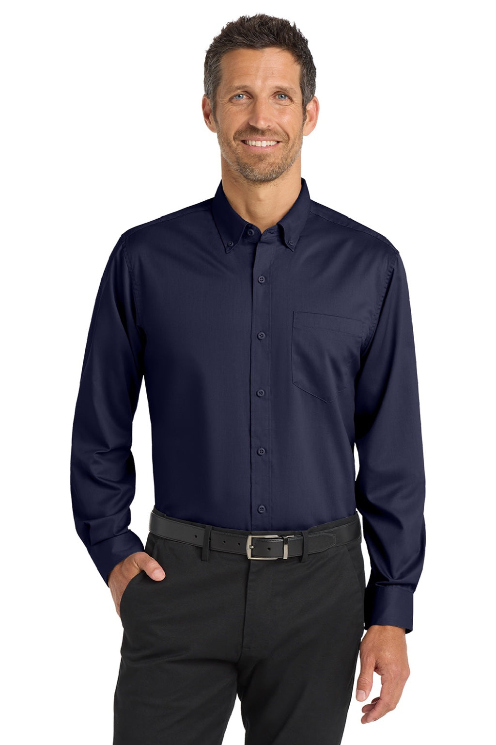 Port Authority S663/TS663 Mens SuperPro Wrinkle Resistant Long Sleeve Button Down Shirt w/ Pocket True Navy Blue Model Front
