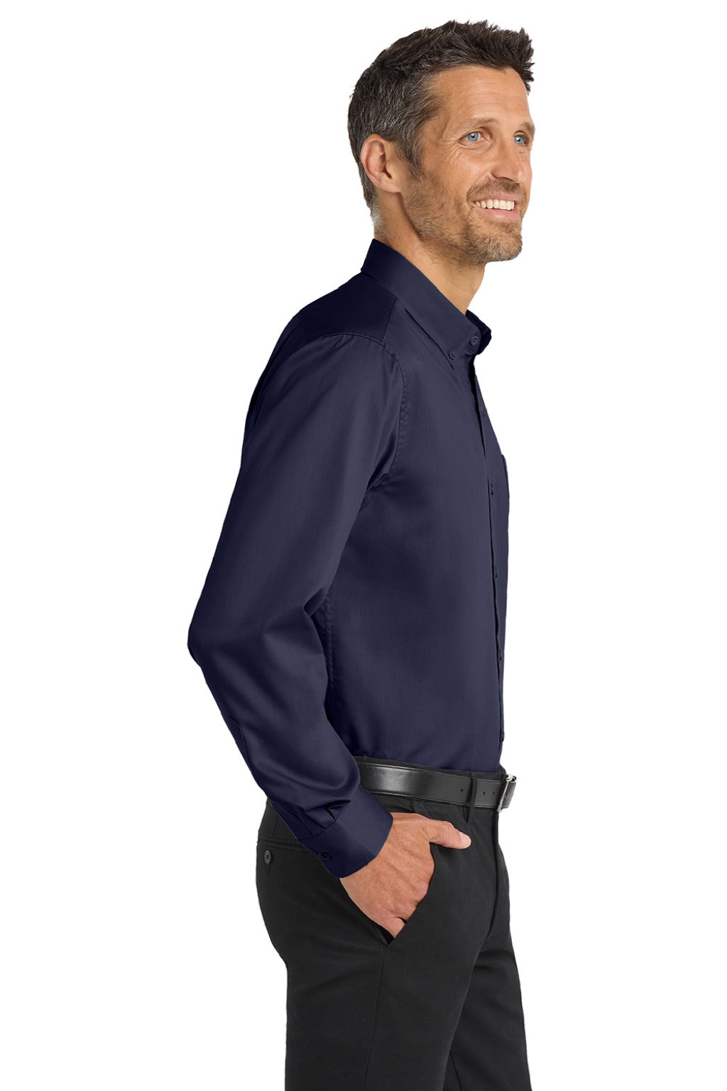 Port Authority S663/TS663 Mens SuperPro Wrinkle Resistant Long Sleeve Button Down Shirt w/ Pocket True Navy Blue Model Side