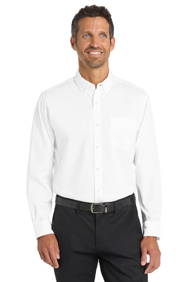Port Authority S663/TS663 Mens SuperPro Wrinkle Resistant Long Sleeve Button Down Shirt w/ Pocket White Model Front
