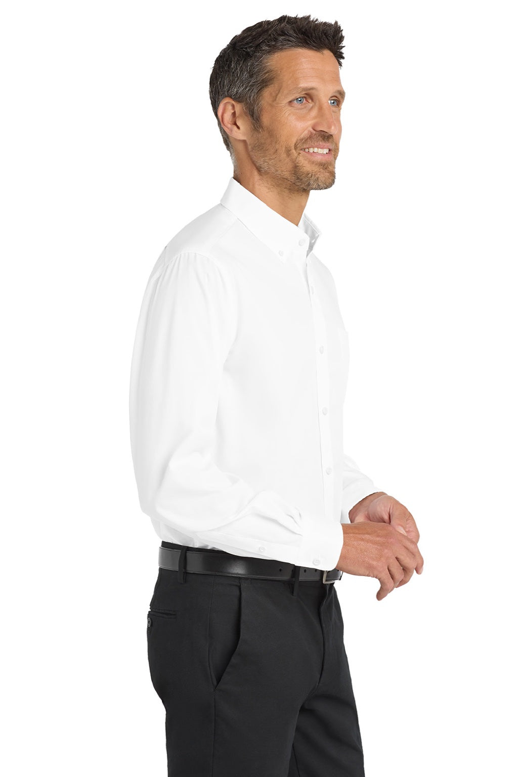 Port Authority S663/TS663 Mens SuperPro Wrinkle Resistant Long Sleeve Button Down Shirt w/ Pocket White Model Side
