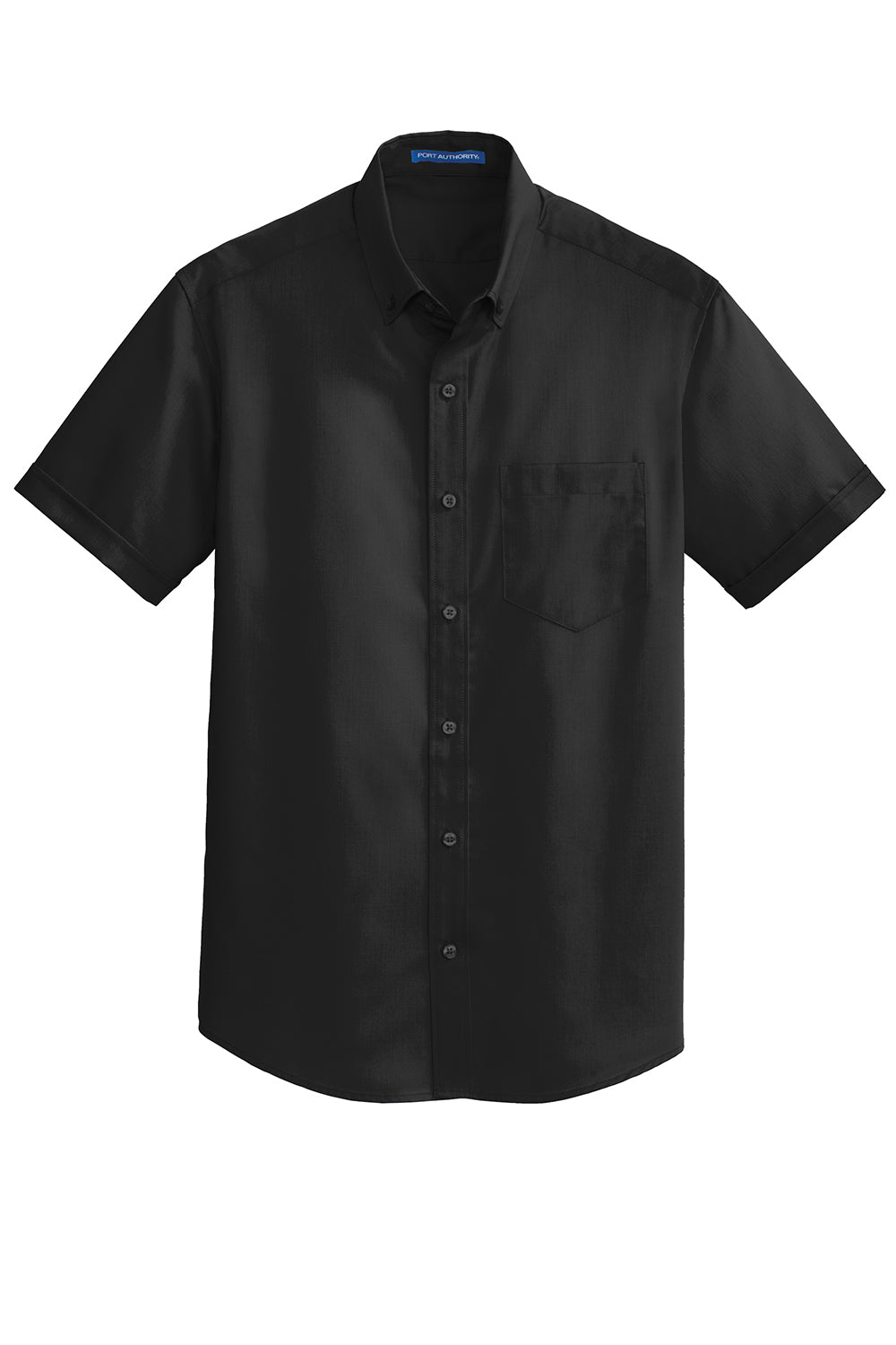 Port Authority S664 Mens SuperPro Wrinkle Resistant Short Sleeve Button Down Shirt w/ Pocket Black Flat Front