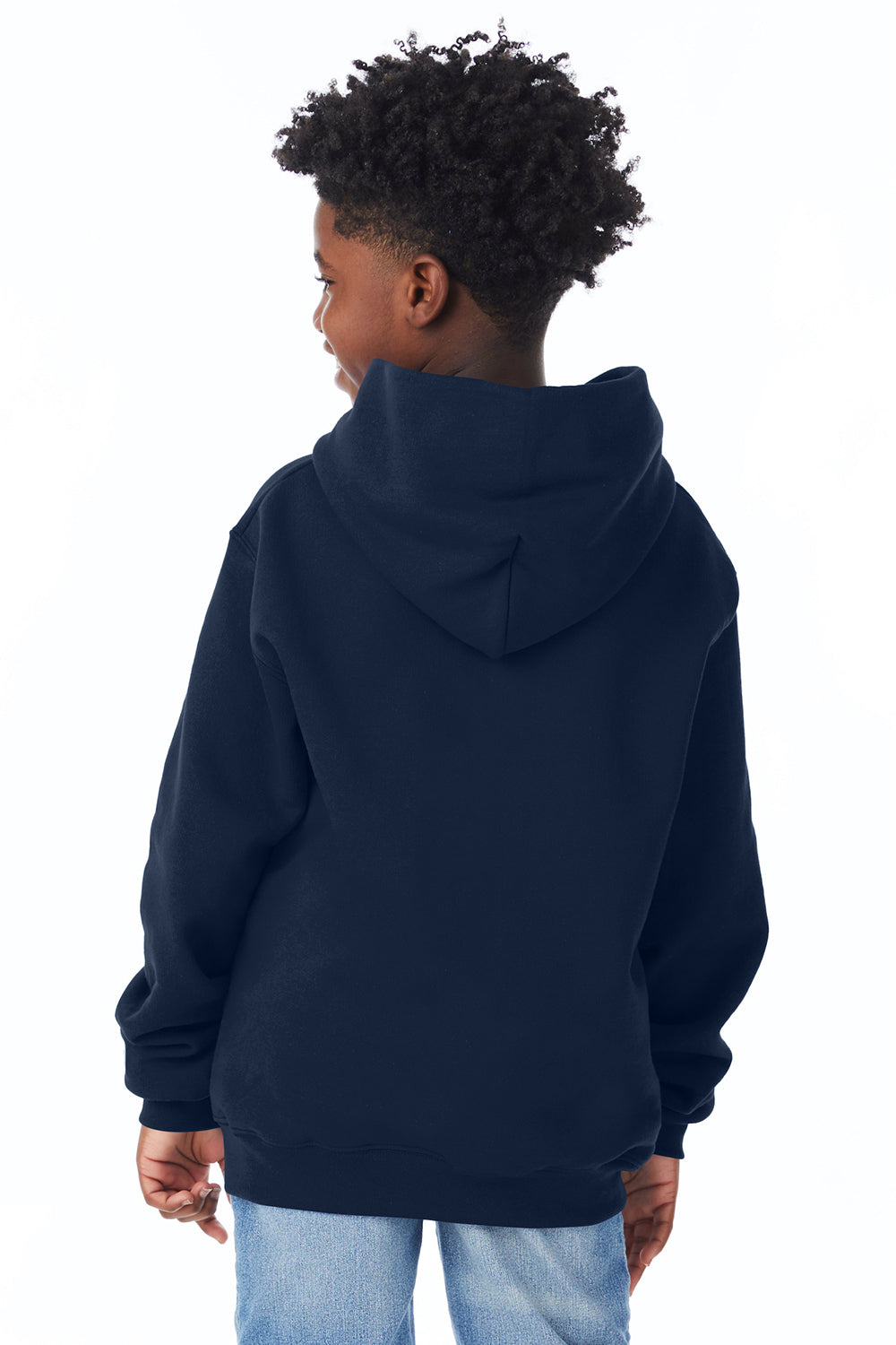 Champion S790 Youth Double Dry Eco Moisture Wicking Fleece Hooded Sweatshirt Hoodie w/ Pouch Pocket Navy Blue Model Back