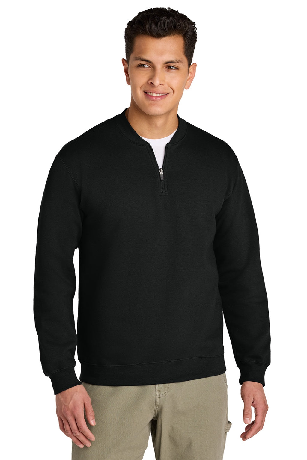 Gildan SF008 Mens Softstyle Fleece 1/4 Zip Sweatshirt Black Model Front