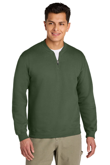 Gildan SF008 Mens Softstyle Fleece 1/4 Zip Sweatshirt Military Green Model Front