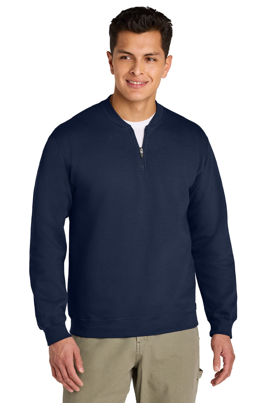 Gildan SF008 Mens Softstyle Fleece 1/4 Zip Sweatshirt Navy Blue Model Front