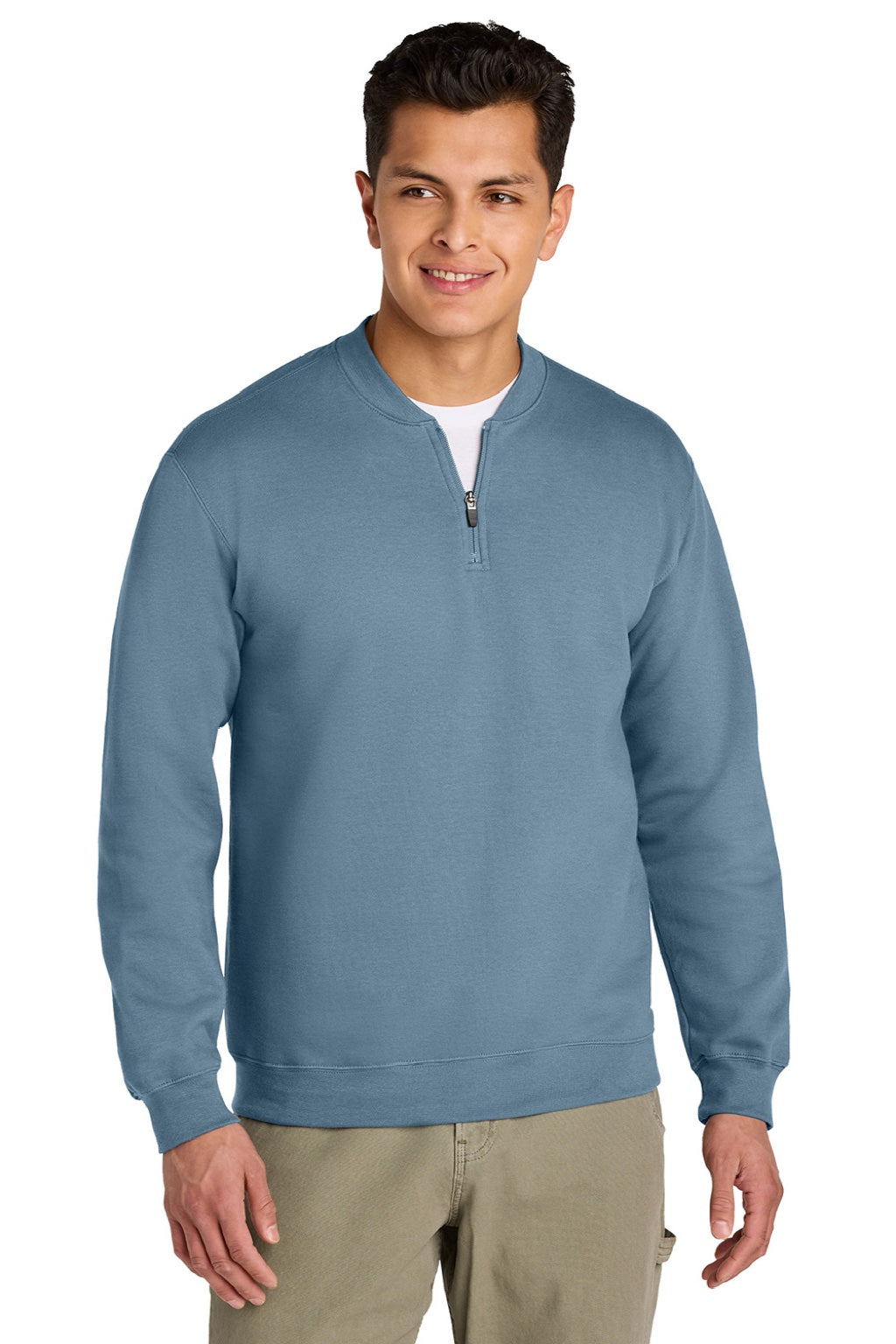 Gildan SF008 Mens Softstyle Fleece 1/4 Zip Sweatshirt Stone Blue Model Front