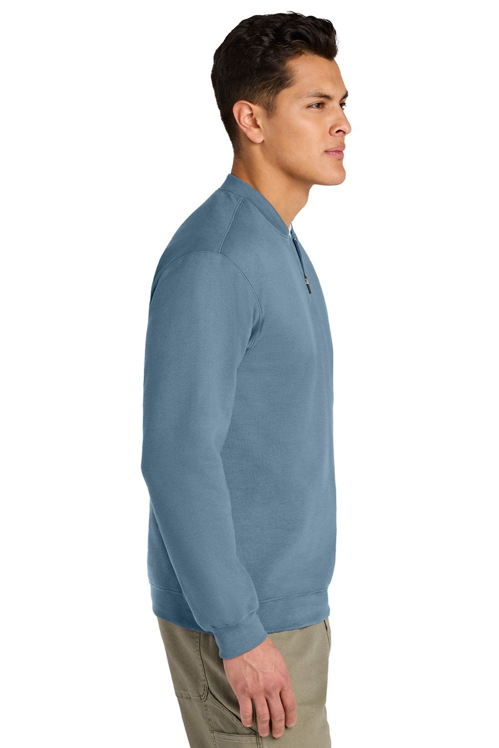 Gildan SF008 Mens Softstyle Fleece 1/4 Zip Sweatshirt Stone Blue Model Side