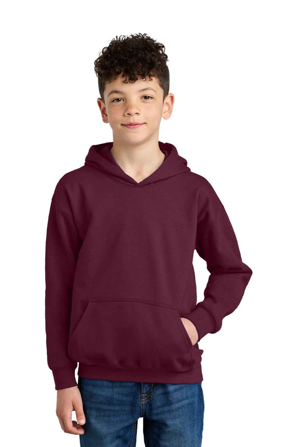 Gildan SF500B Youth Softstyle Hooded Sweatshirt Hoodie w/ Pouch Pocket Maroon Model Front