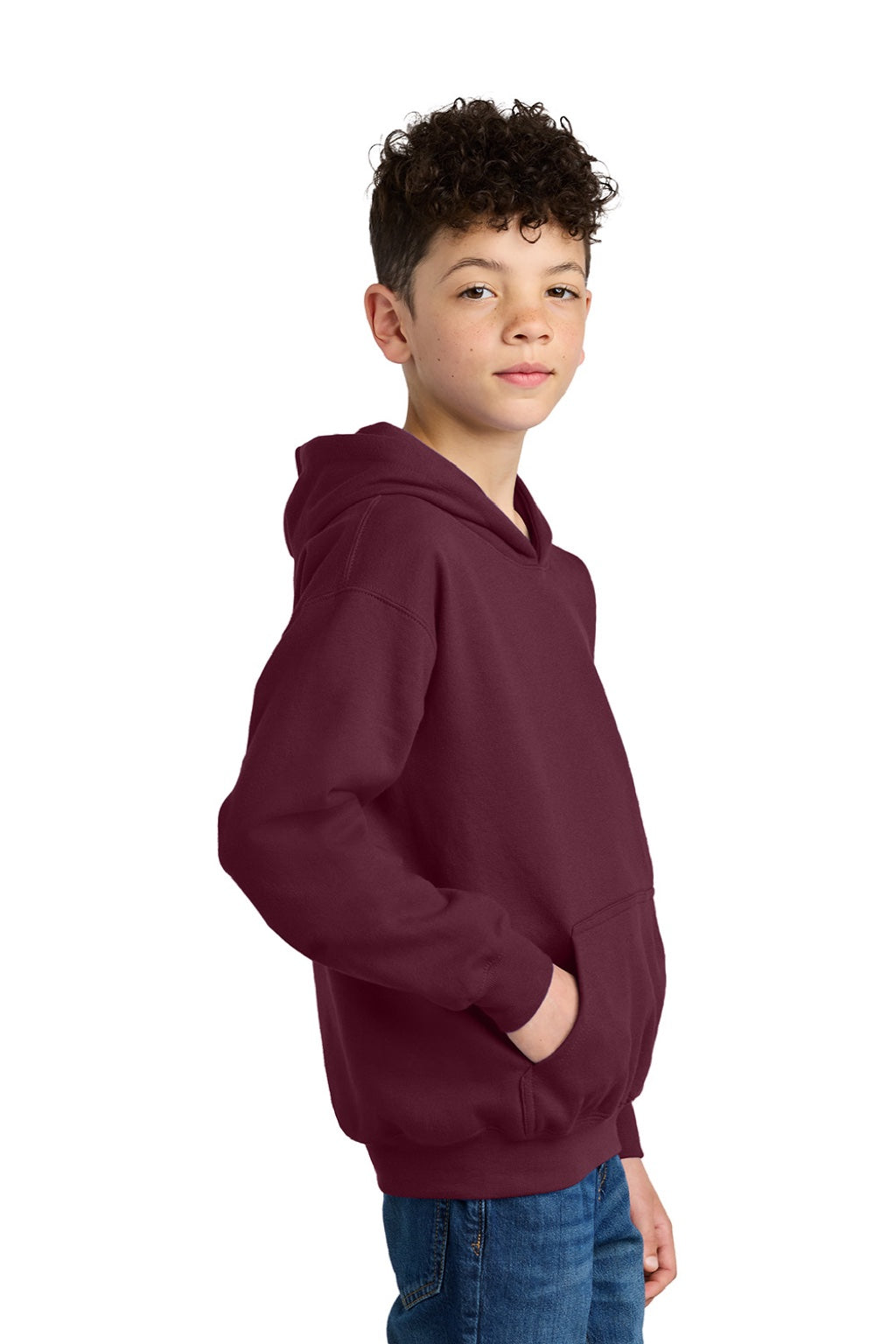 Gildan SF500B Youth Softstyle Hooded Sweatshirt Hoodie w/ Pouch Pocket Maroon Model Side