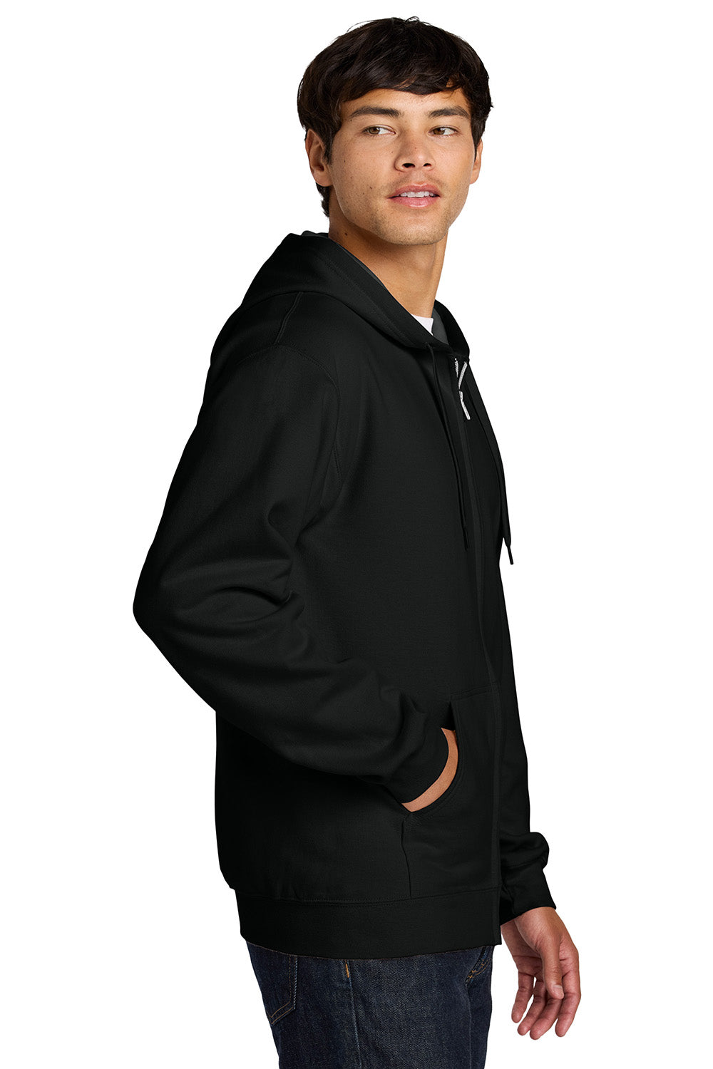 Gildan SF600 Mens Softstyle Fleece Full Zip Hooded Sweatshirt Hoodie w/ Pockets Black Model Side