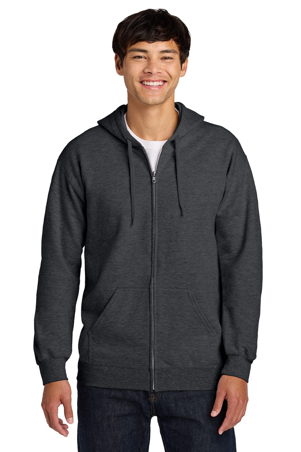 Gildan SF600 Mens Softstyle Fleece Full Zip Hooded Sweatshirt Hoodie w/ Pockets Heather Dark Grey Model Front