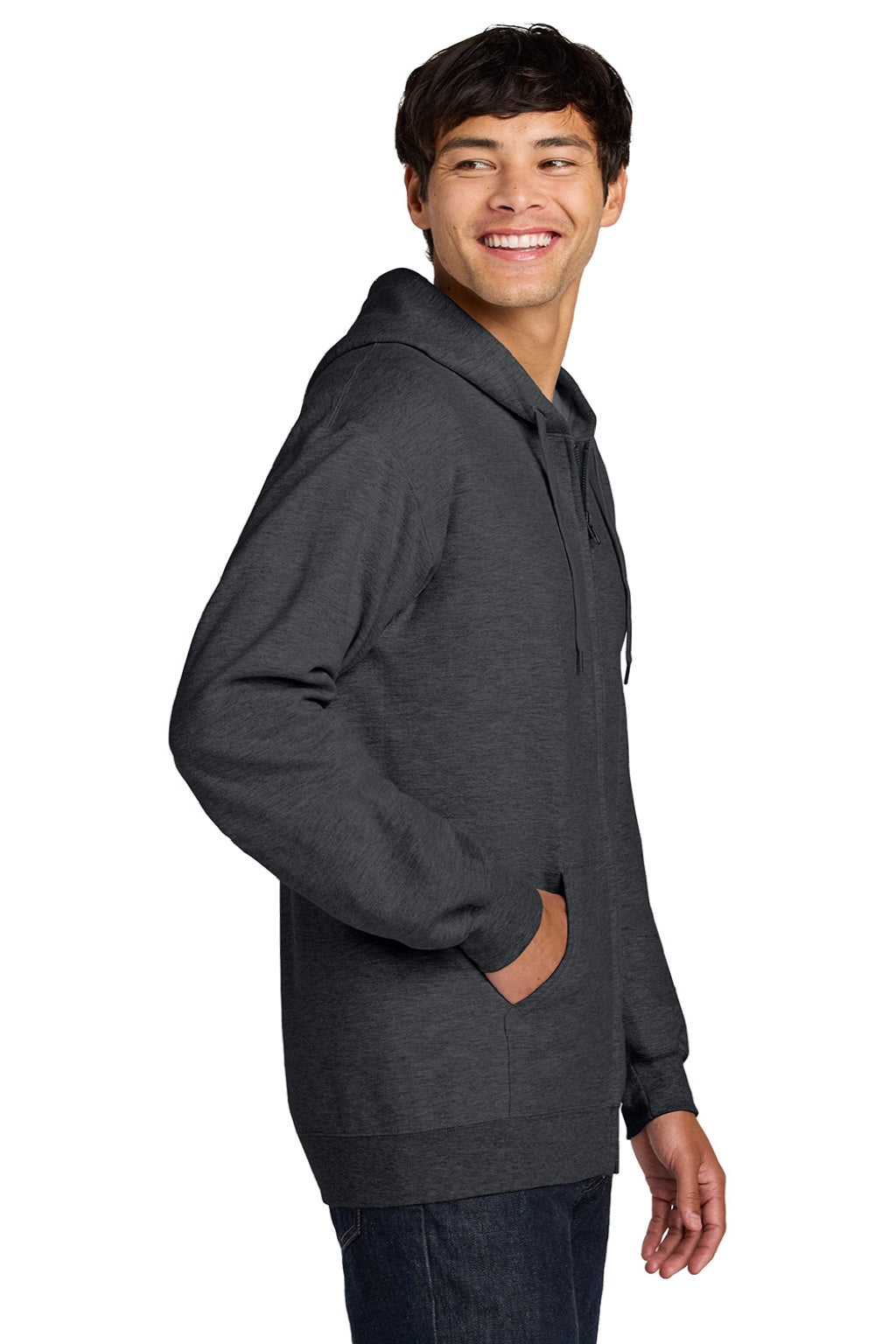 Gildan SF600 Mens Softstyle Fleece Full Zip Hooded Sweatshirt Hoodie w/ Pockets Heather Dark Grey Model Side