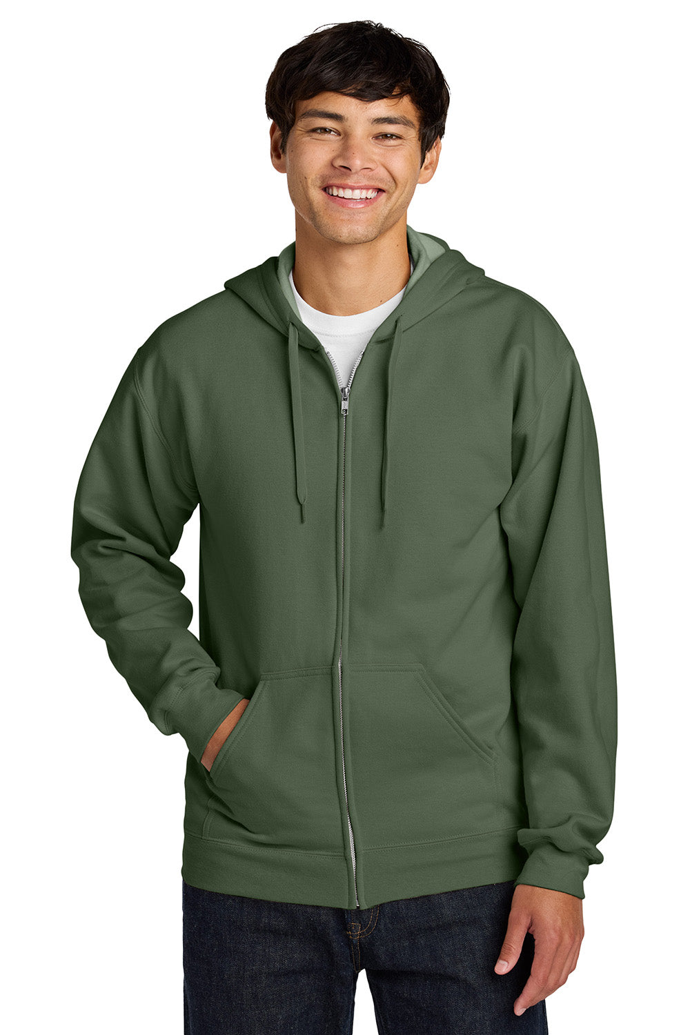 Gildan SF600 Mens Softstyle Fleece Full Zip Hooded Sweatshirt Hoodie w/ Pockets Military Green Model Front
