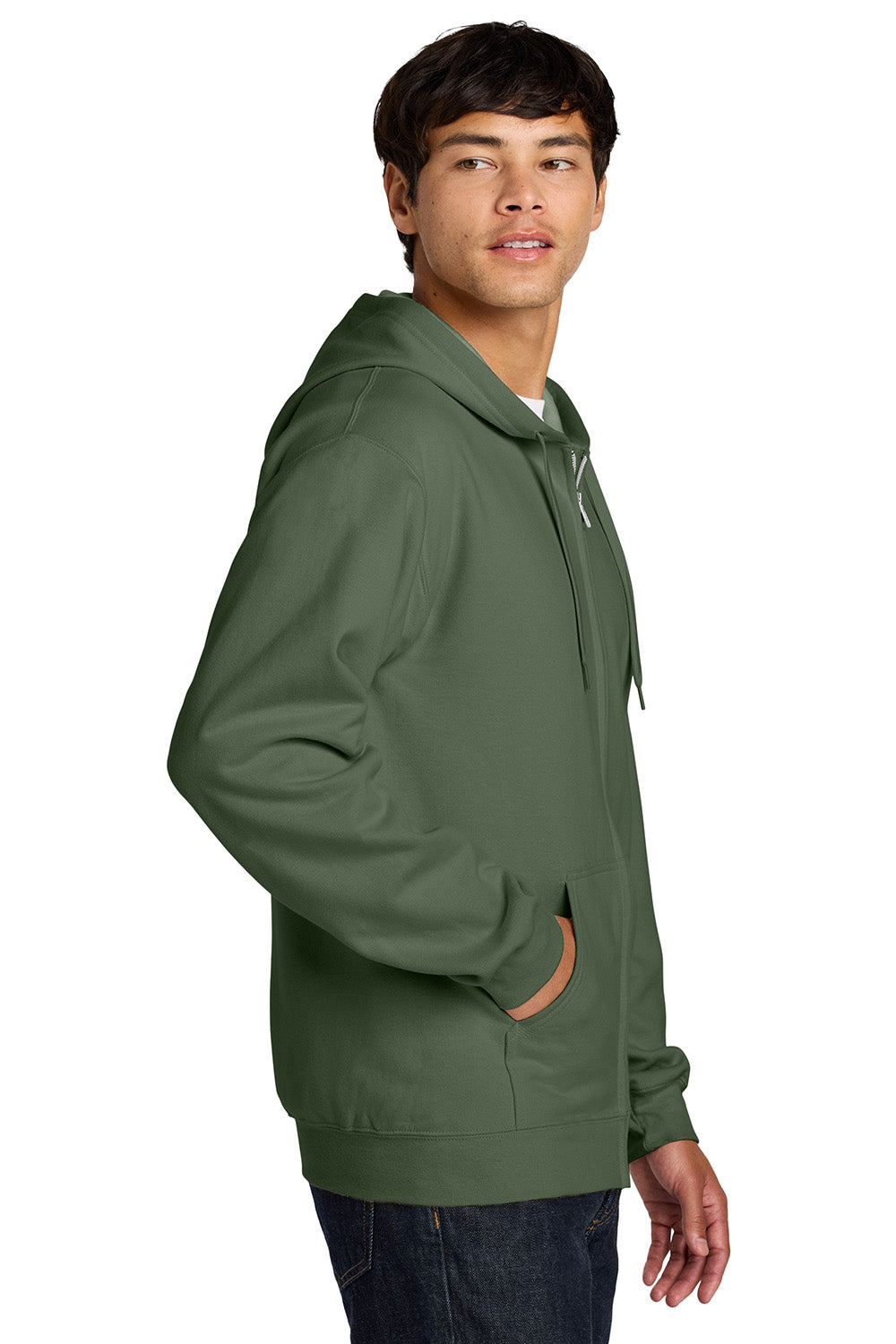 Gildan SF600 Mens Softstyle Fleece Full Zip Hooded Sweatshirt Hoodie w/ Pockets Military Green Model Side