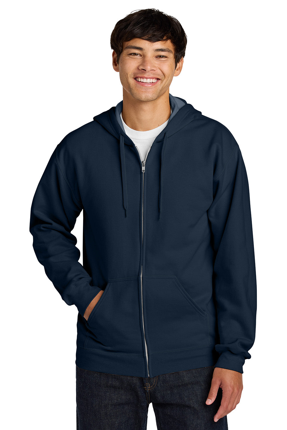 Gildan SF600 Mens Softstyle Fleece Full Zip Hooded Sweatshirt Hoodie w/ Pockets Navy Blue Model Front