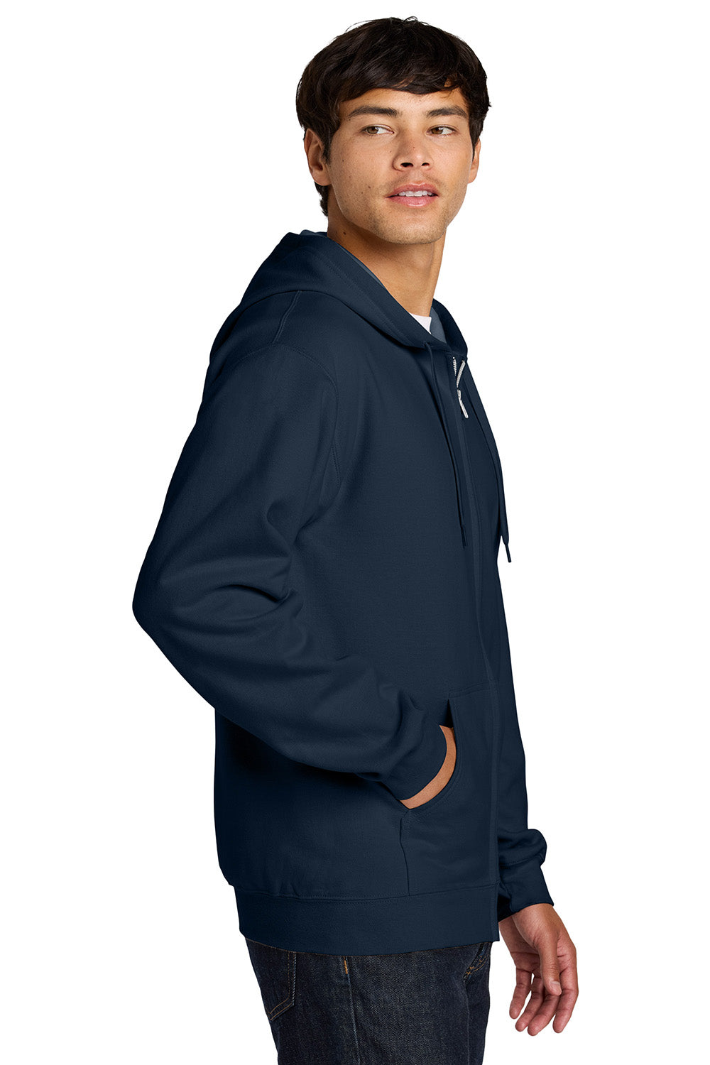 Gildan SF600 Mens Softstyle Fleece Full Zip Hooded Sweatshirt Hoodie w/ Pockets Navy Blue Model Side