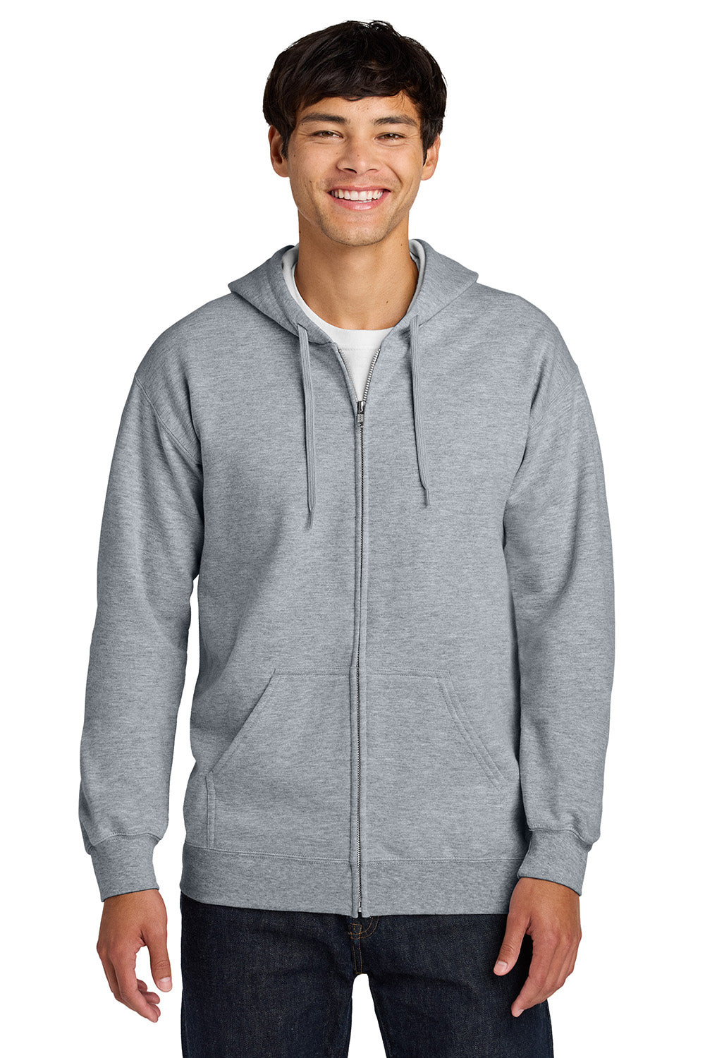 Gildan SF600 Mens Softstyle Fleece Full Zip Hooded Sweatshirt Hoodie w/ Pockets Sport Grey Model Front
