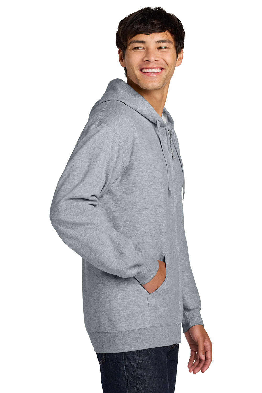 Gildan SF600 Mens Softstyle Fleece Full Zip Hooded Sweatshirt Hoodie w/ Pockets Sport Grey Model Side