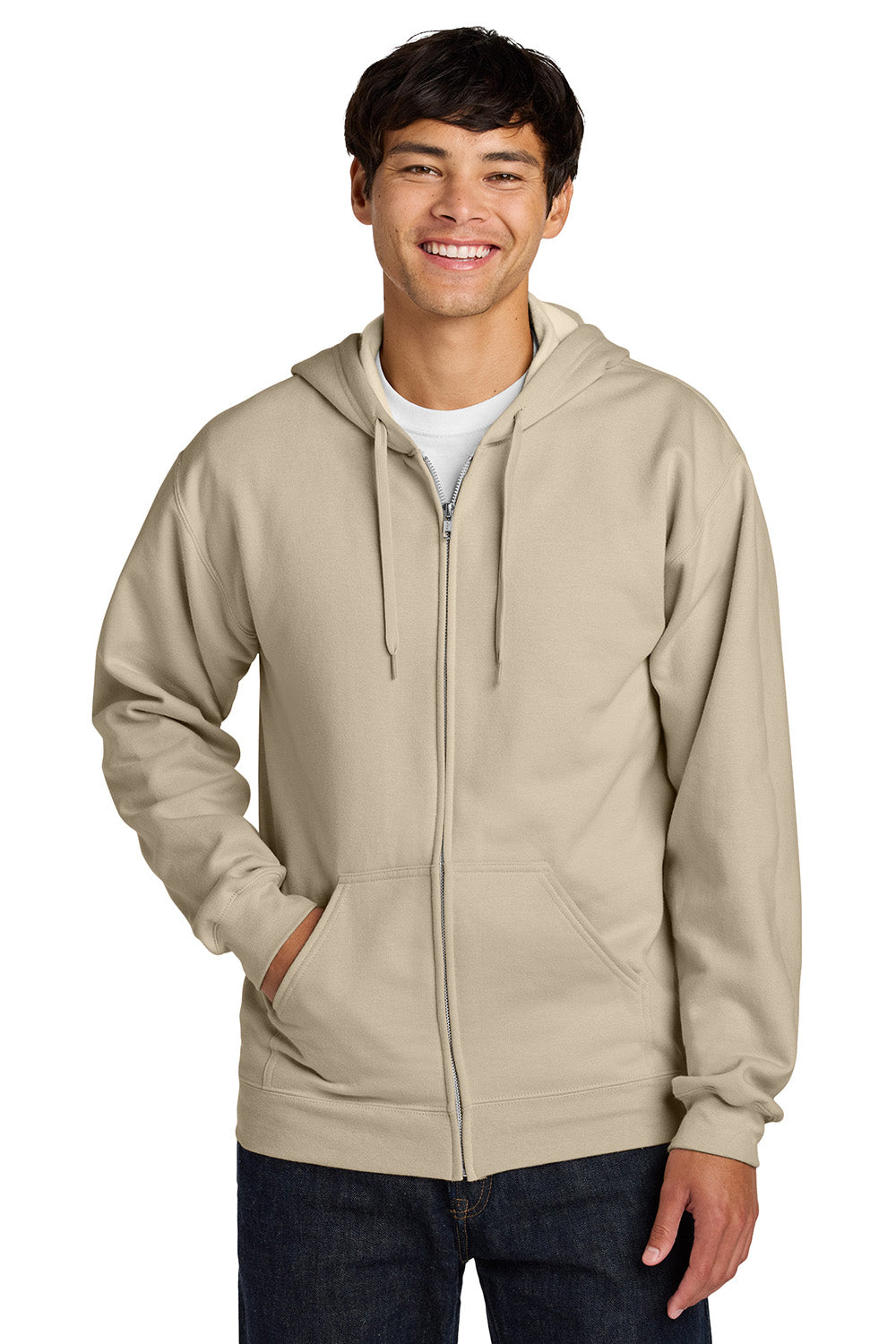 Gildan SF600 Mens Softstyle Fleece Full Zip Hooded Sweatshirt Hoodie w/ Pockets Sand Brown Model Front