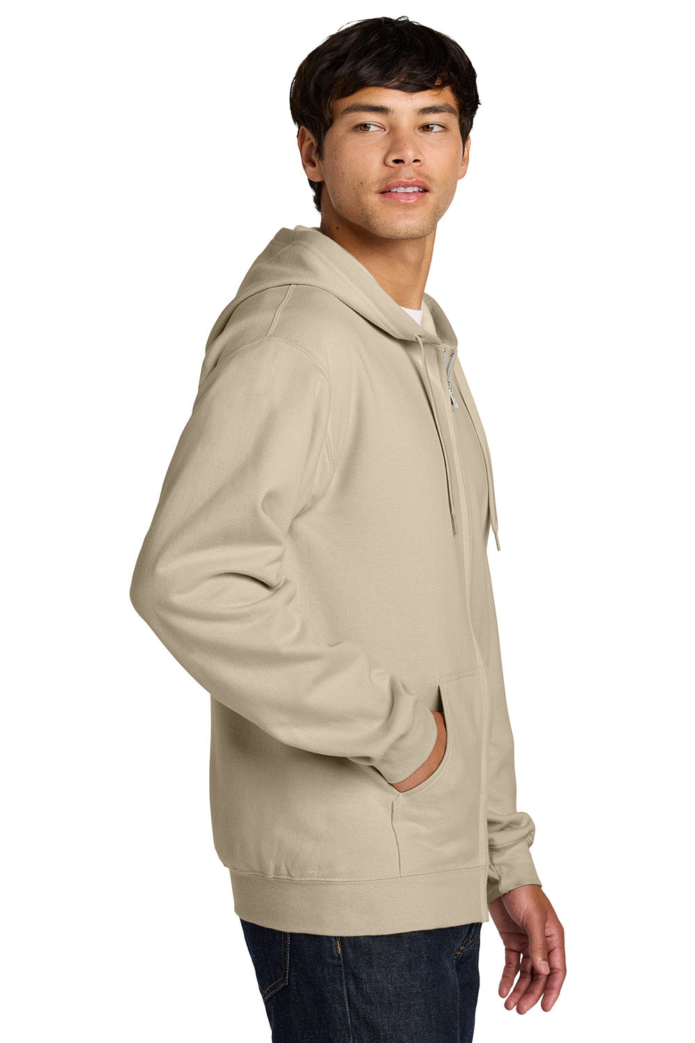 Gildan SF600 Mens Softstyle Fleece Full Zip Hooded Sweatshirt Hoodie w/ Pockets Sand Brown Model Side