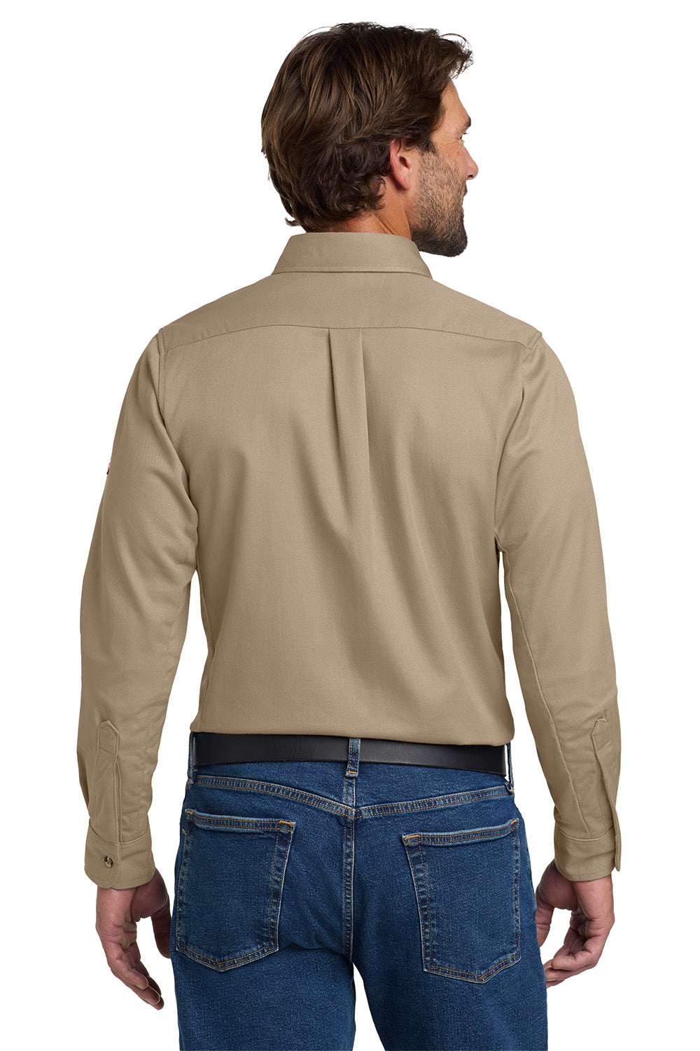 Bulwark SLU2 Mens EXCEL FR ComforTouch Long Sleeve Button Down Shirt w/ Double Pockets Khaki Brown Model Back