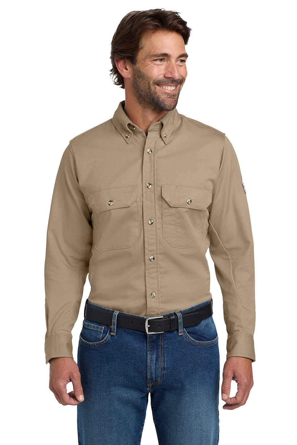 Bulwark SLU2 Mens EXCEL FR ComforTouch Long Sleeve Button Down Shirt w/ Double Pockets Khaki Brown Model Front