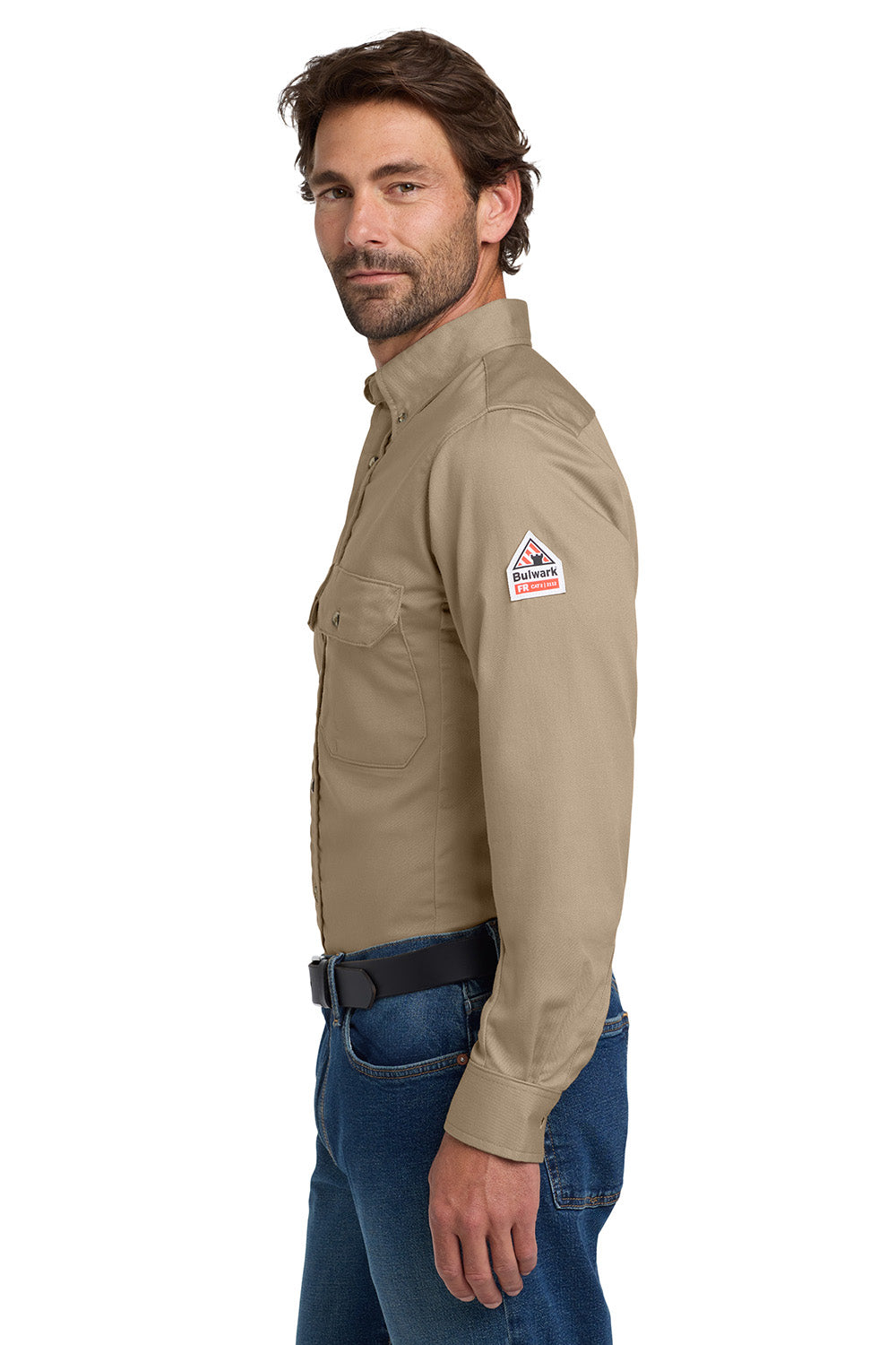 Bulwark SLU2 Mens EXCEL FR ComforTouch Long Sleeve Button Down Shirt w/ Double Pockets Khaki Brown Model Side