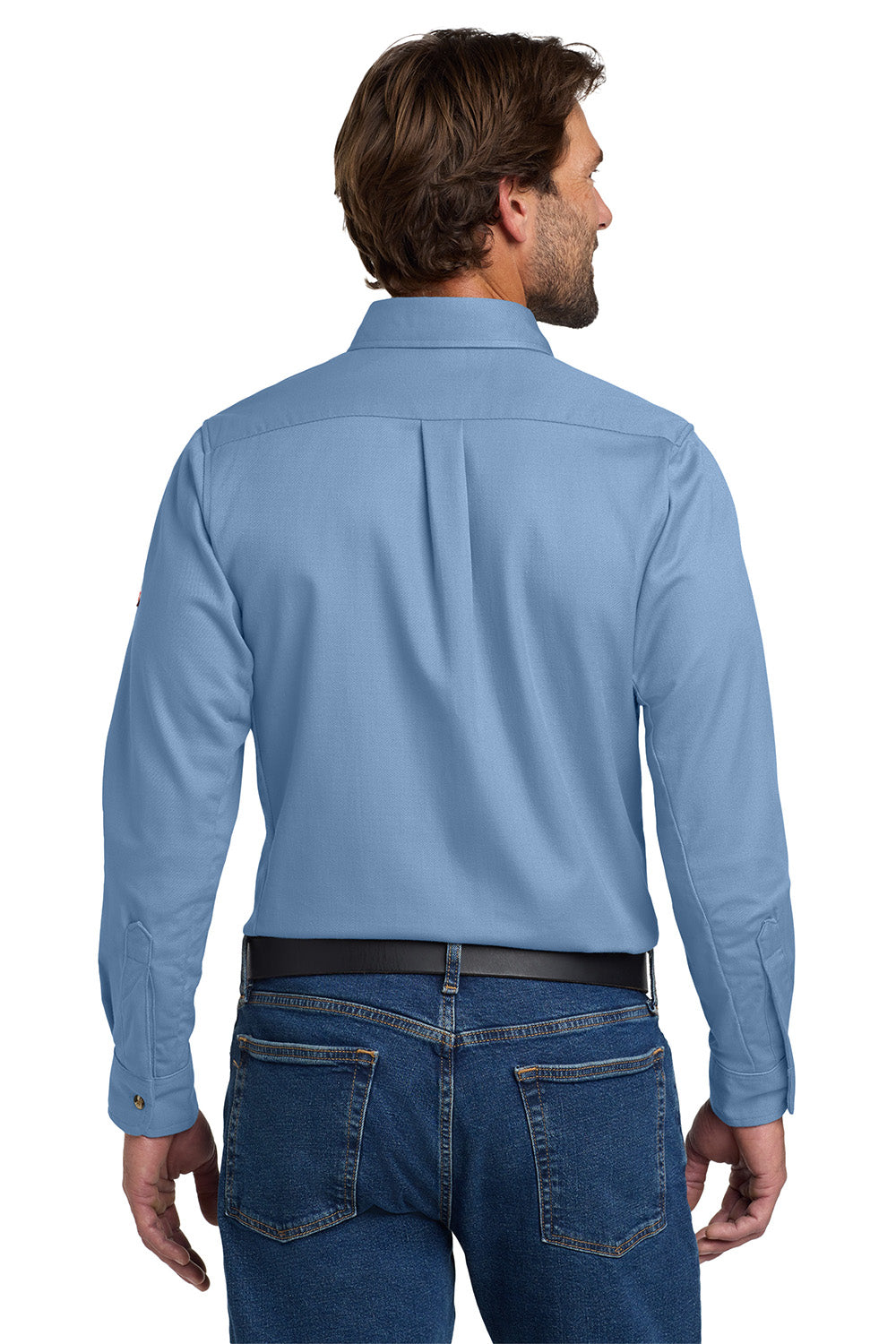 Bulwark SLU2 Mens EXCEL FR ComforTouch Long Sleeve Button Down Shirt w/ Double Pockets Light Blue Model Back