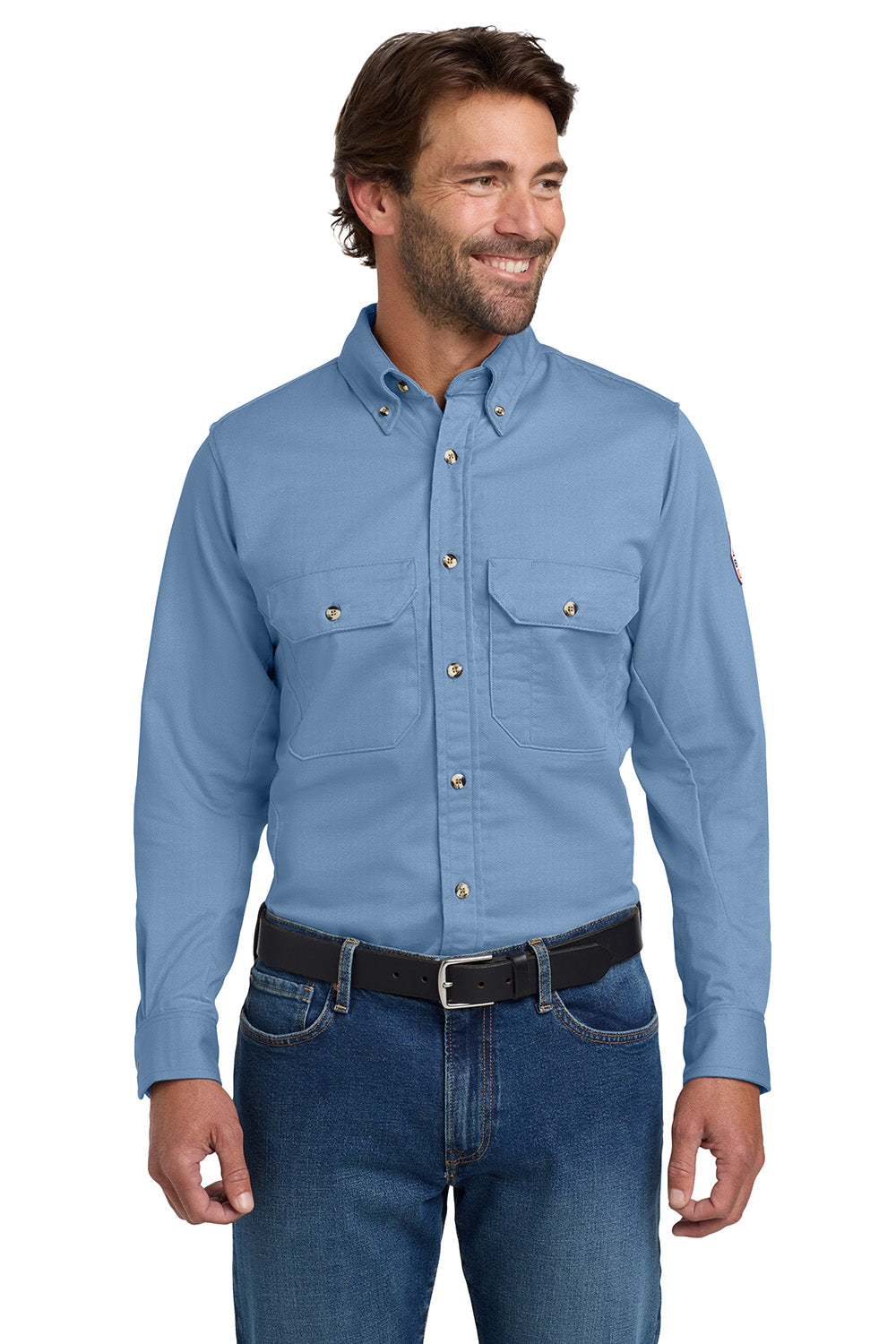 Bulwark SLU2 Mens EXCEL FR ComforTouch Long Sleeve Button Down Shirt w/ Double Pockets Light Blue Model Front