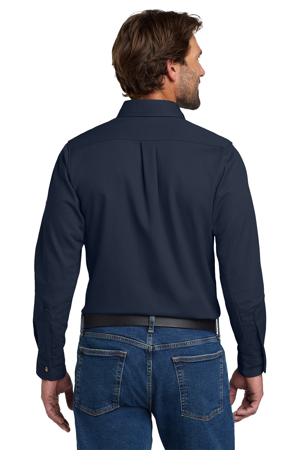 Bulwark SLU2 Mens EXCEL FR ComforTouch Long Sleeve Button Down Shirt w/ Double Pockets Navy Blue Model Back