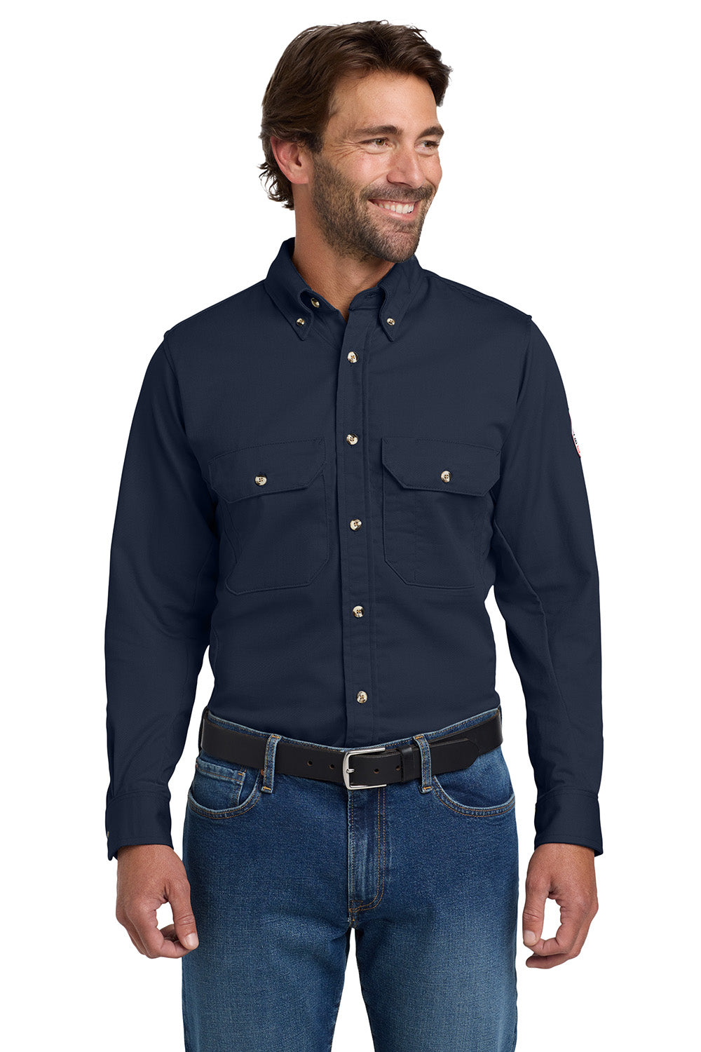 Bulwark SLU2 Mens EXCEL FR ComforTouch Long Sleeve Button Down Shirt w/ Double Pockets Navy Blue Model Front