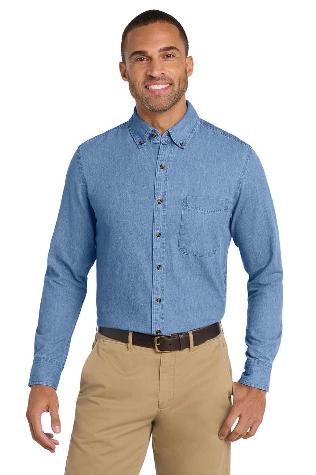 Port & Company SP10 Mens Denim Long Sleeve Button Down Shirt w/ Pocket Faded Blue Model Front