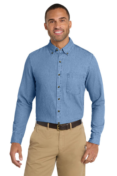 Port & Company SP10 Mens Denim Long Sleeve Button Down Shirt w/ Pocket Faded Blue Model Front