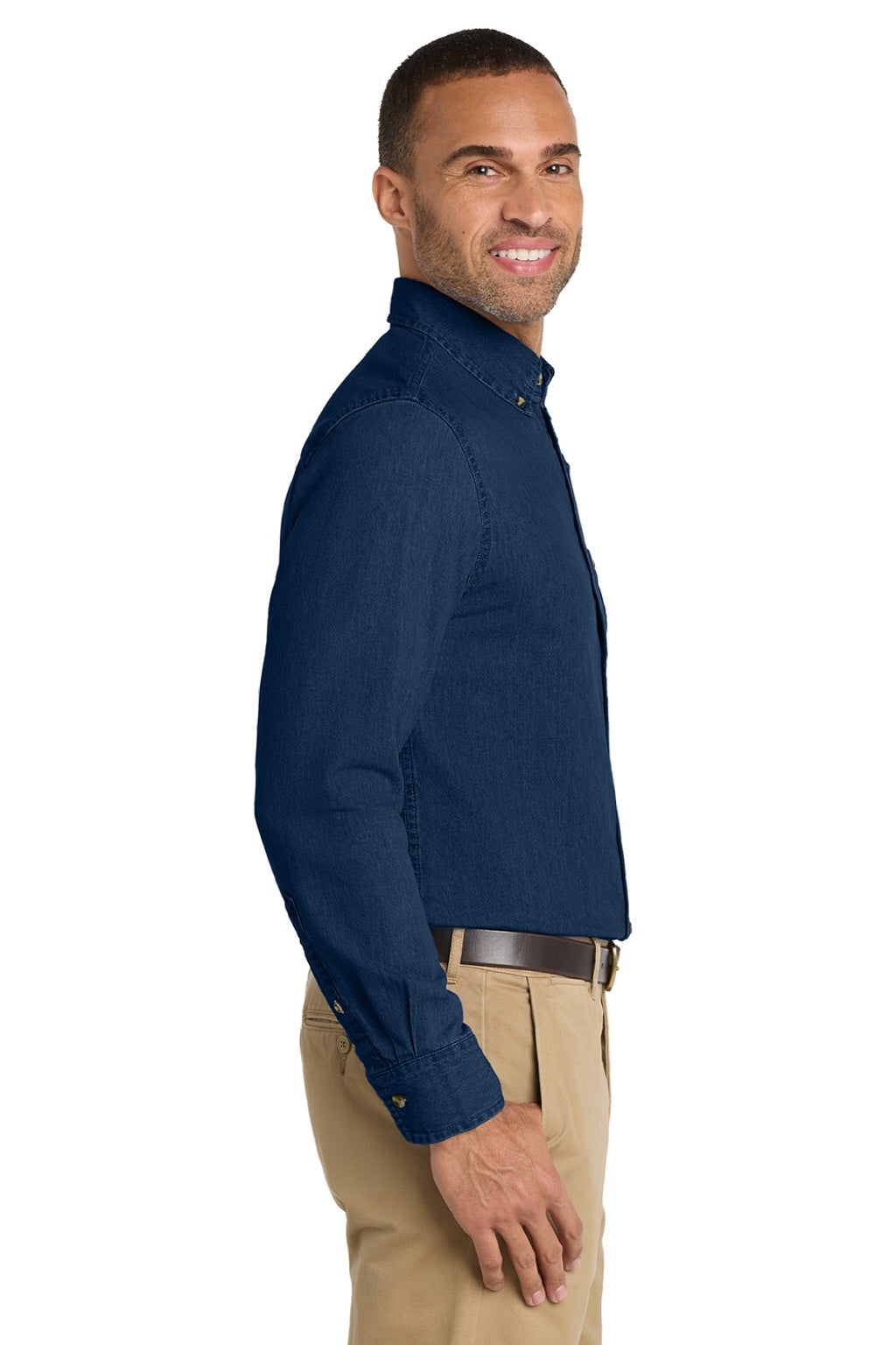 Port & Company SP10 Mens Denim Long Sleeve Button Down Shirt w/ Pocket Ink Blue Model Side