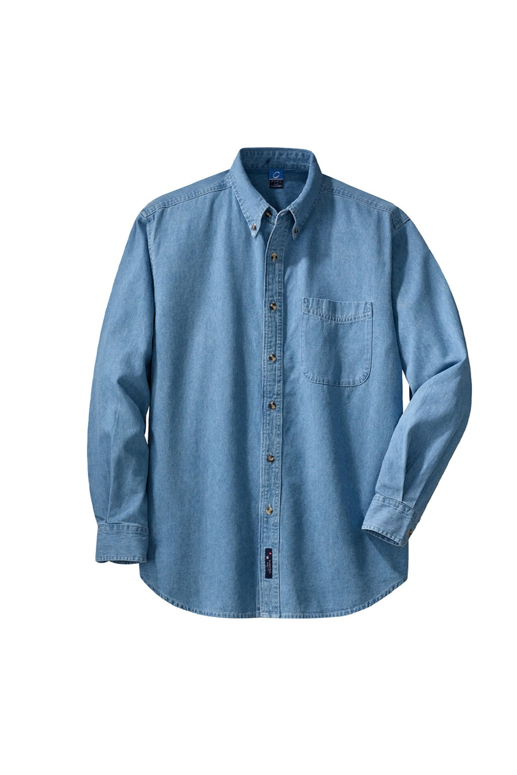 Port & Company SP10 Mens Denim Long Sleeve Button Down Shirt w/ Pocket Faded Blue Flat Front