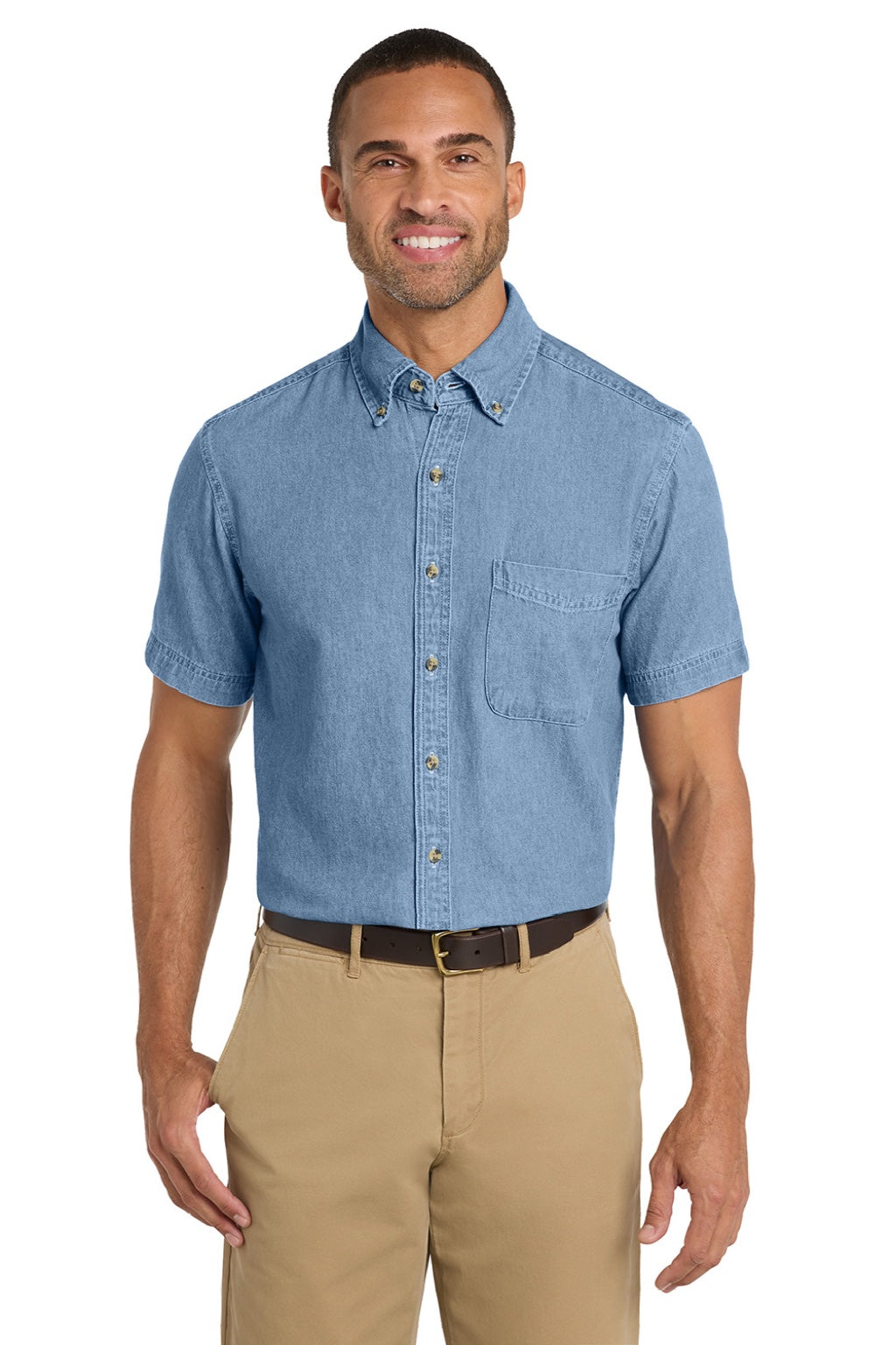 Port & Company SP11 Mens Denim Short Sleeve Button Down Shirt w/ Pocket Faded Blue Model Front