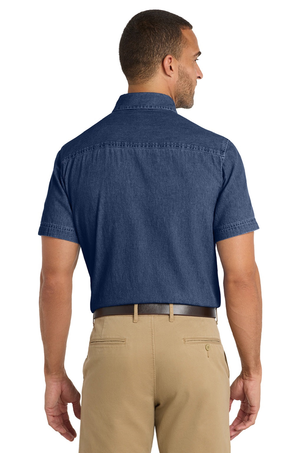 Port & Company SP11 Mens Denim Short Sleeve Button Down Shirt w/ Pocket Ink Blue Model Back
