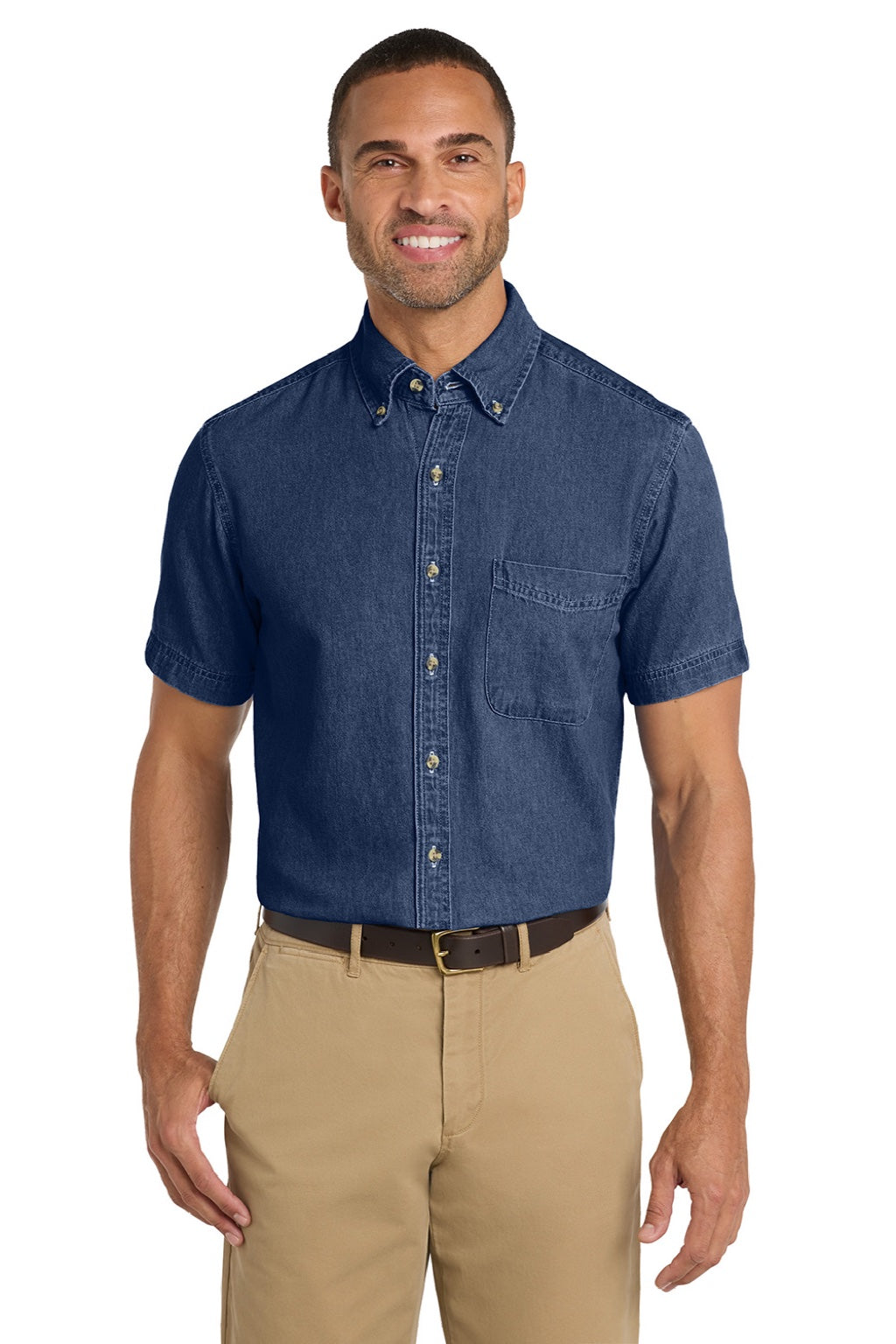 Port & Company SP11 Mens Denim Short Sleeve Button Down Shirt w/ Pocket Ink Blue Model Front
