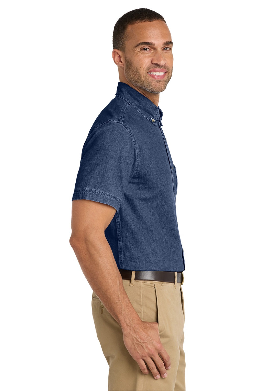 Port & Company SP11 Mens Denim Short Sleeve Button Down Shirt w/ Pocket Ink Blue Model Side