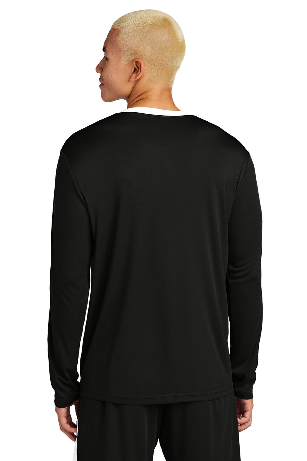 Sport-Tek ST100LS Mens Moisture Wicking Competitor United Long Sleeve Crewneck T-Shirt Black/White Model Back