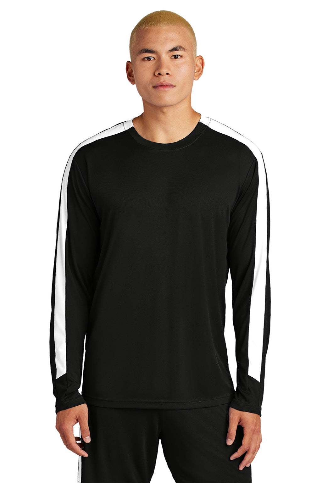 Sport-Tek ST100LS Mens Moisture Wicking Competitor United Long Sleeve Crewneck T-Shirt Black/White Model Front