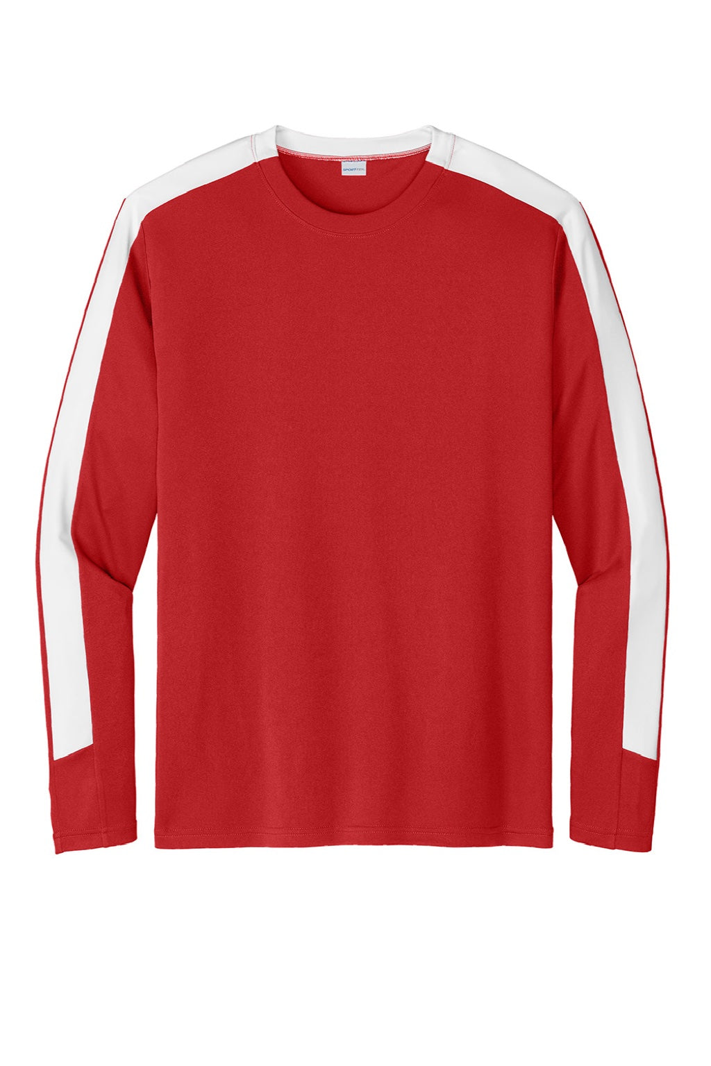 Sport-Tek ST100LS Mens Moisture Wicking Competitor United Long Sleeve Crewneck T-Shirt Deep Red/White Flat Front