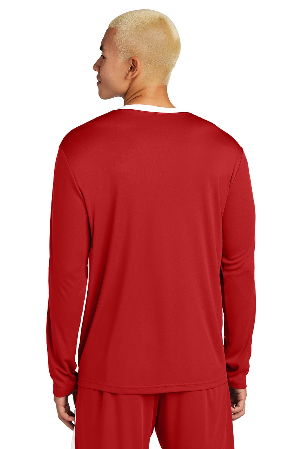 Sport-Tek ST100LS Mens Moisture Wicking Competitor United Long Sleeve Crewneck T-Shirt Deep Red/White Model Back