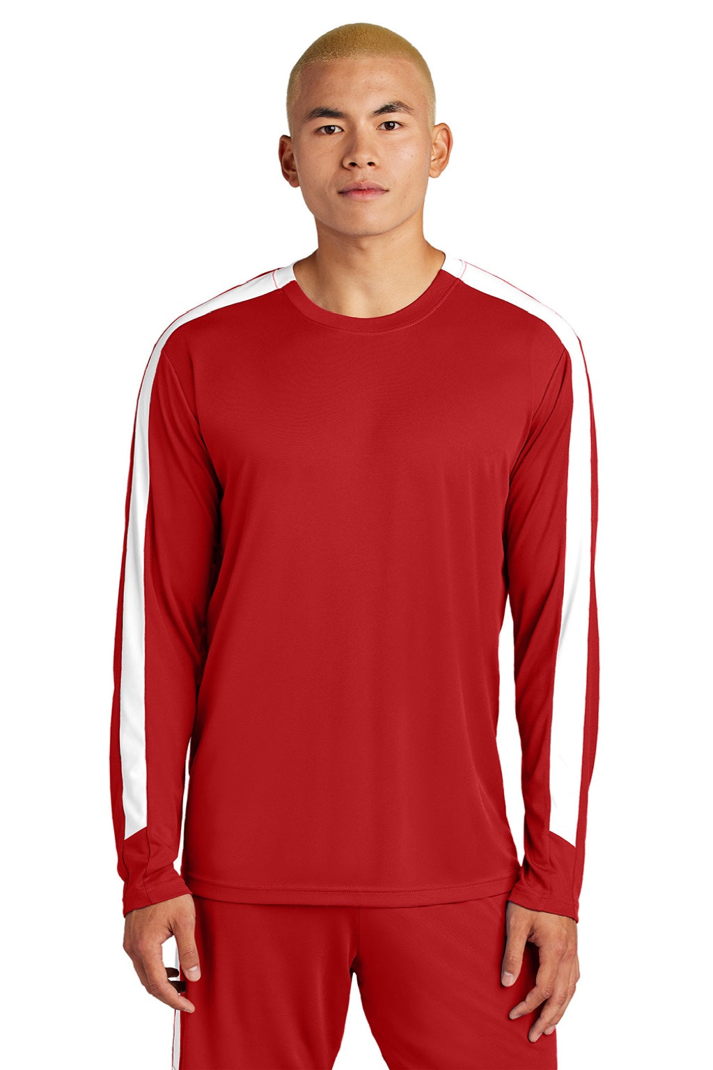 Sport-Tek ST100LS Mens Moisture Wicking Competitor United Long Sleeve Crewneck T-Shirt Deep Red/White Model Front