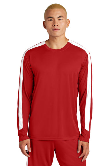 Sport-Tek ST100LS Mens Moisture Wicking Competitor United Long Sleeve Crewneck T-Shirt Deep Red/White Model Front