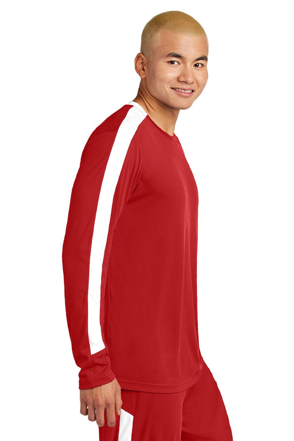 Sport-Tek ST100LS Mens Moisture Wicking Competitor United Long Sleeve Crewneck T-Shirt Deep Red/White Model Side